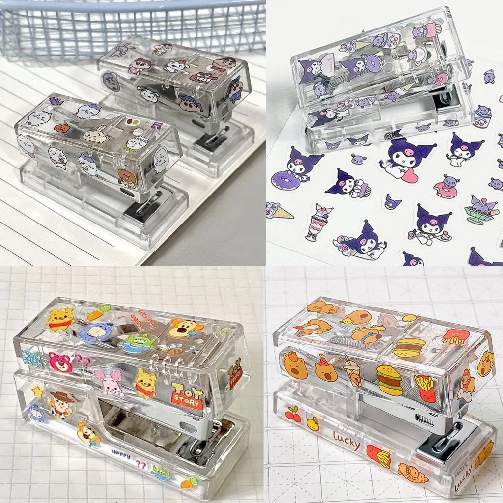 디즈니 크레용 신찬 치이카와 산리오 투명 DIY 스테이플러 학생 미니 휴대용 바인더 오피스 바인딩 용품 스테이플러 선물