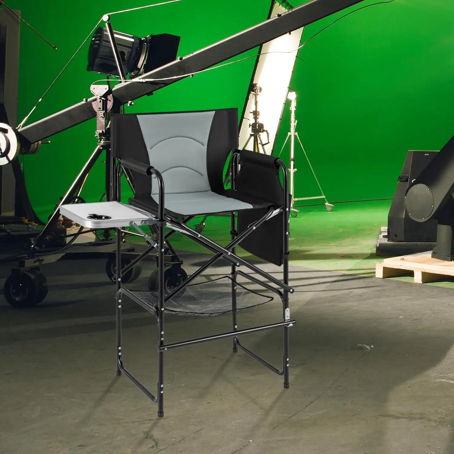 

46" Folding Directors Chair, Makeup Chair for Makeup Artist, 31" Seat Height Foldable Chair w/Side Table, Cup Holder, Footrest