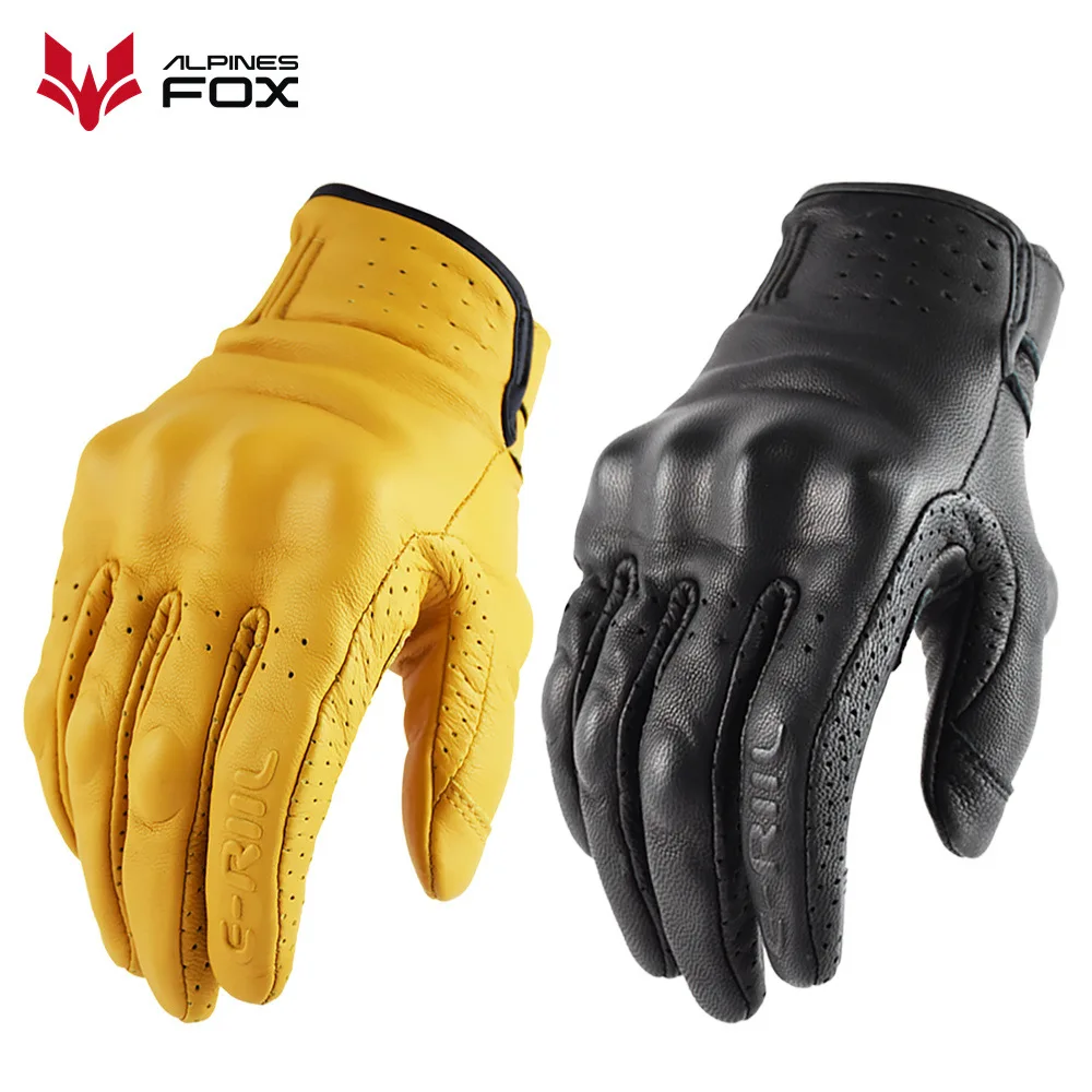 Genuine Leather Retro Motorcycle Gloves Men Touch Screen Motocross Gloves Full Finger Motorbike Vintage Biker Moto Gloves Yellow