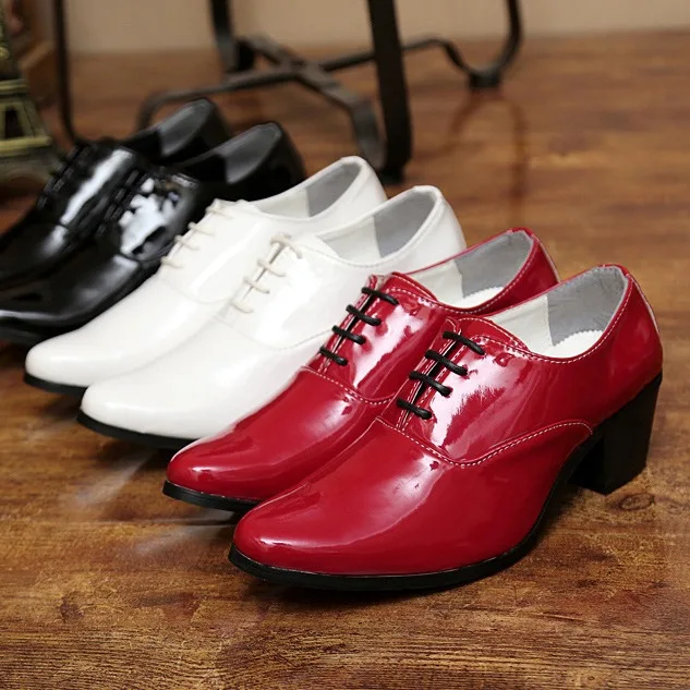 New Dress Leather Shoes Men High Heel Pointed Toe Brogue Wedding Shoes Height Increase Formal Career Work Jazz Dance Shoes