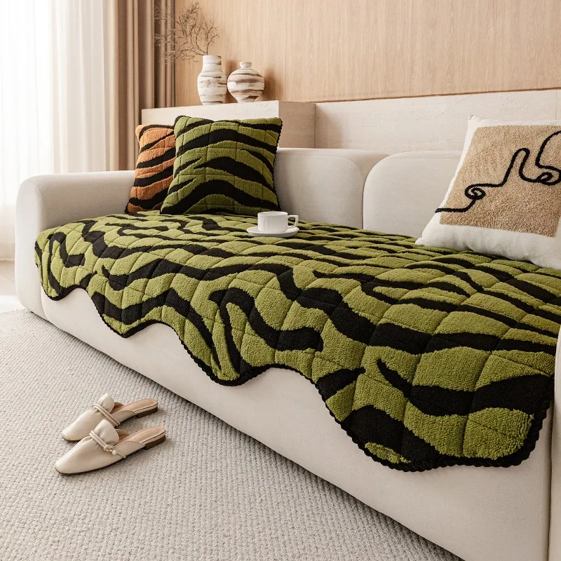 Irregular Edged Zebra Stripe Sofa Cushion Thick Plush Sofa Cover Integrated  Non-slip Mat Dustproof Living Room Decorations