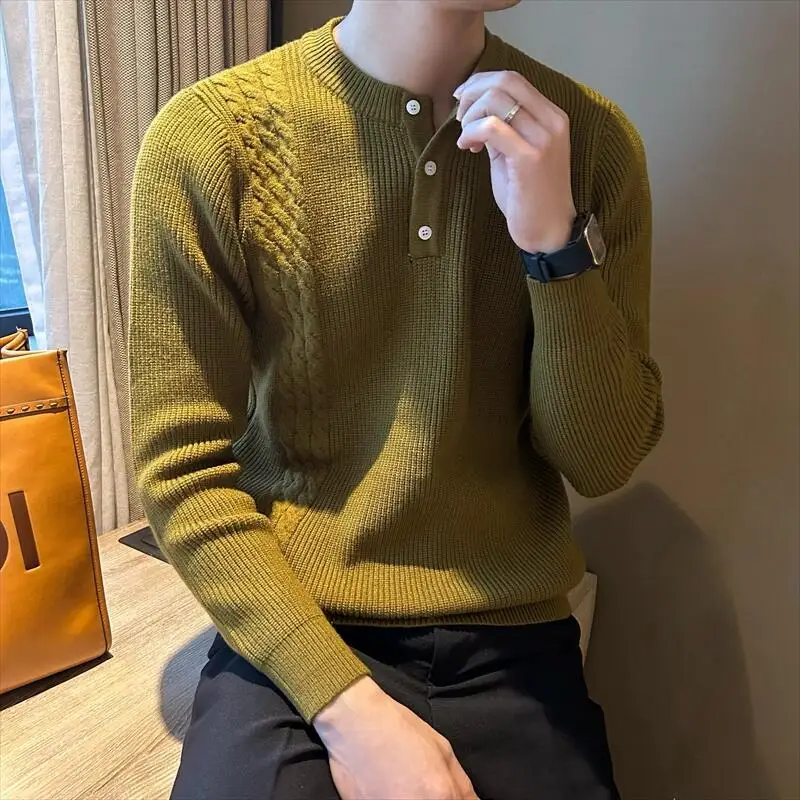 Solid color Henry collar men's cashmere sweater jacket twist design warm slim Joker sweater