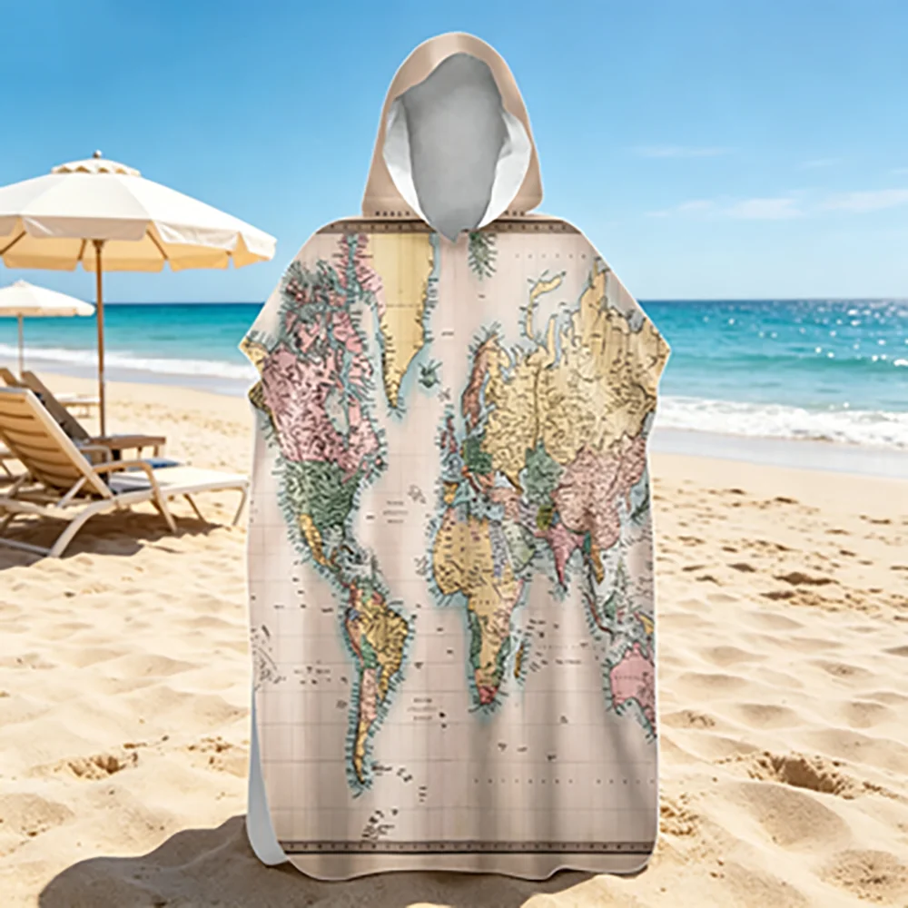 

Map Printed Quick-Dry Hooded Bathrobe Diving Poncho Wearable Towel Swimming Beach Towel for Water Sports And Pool