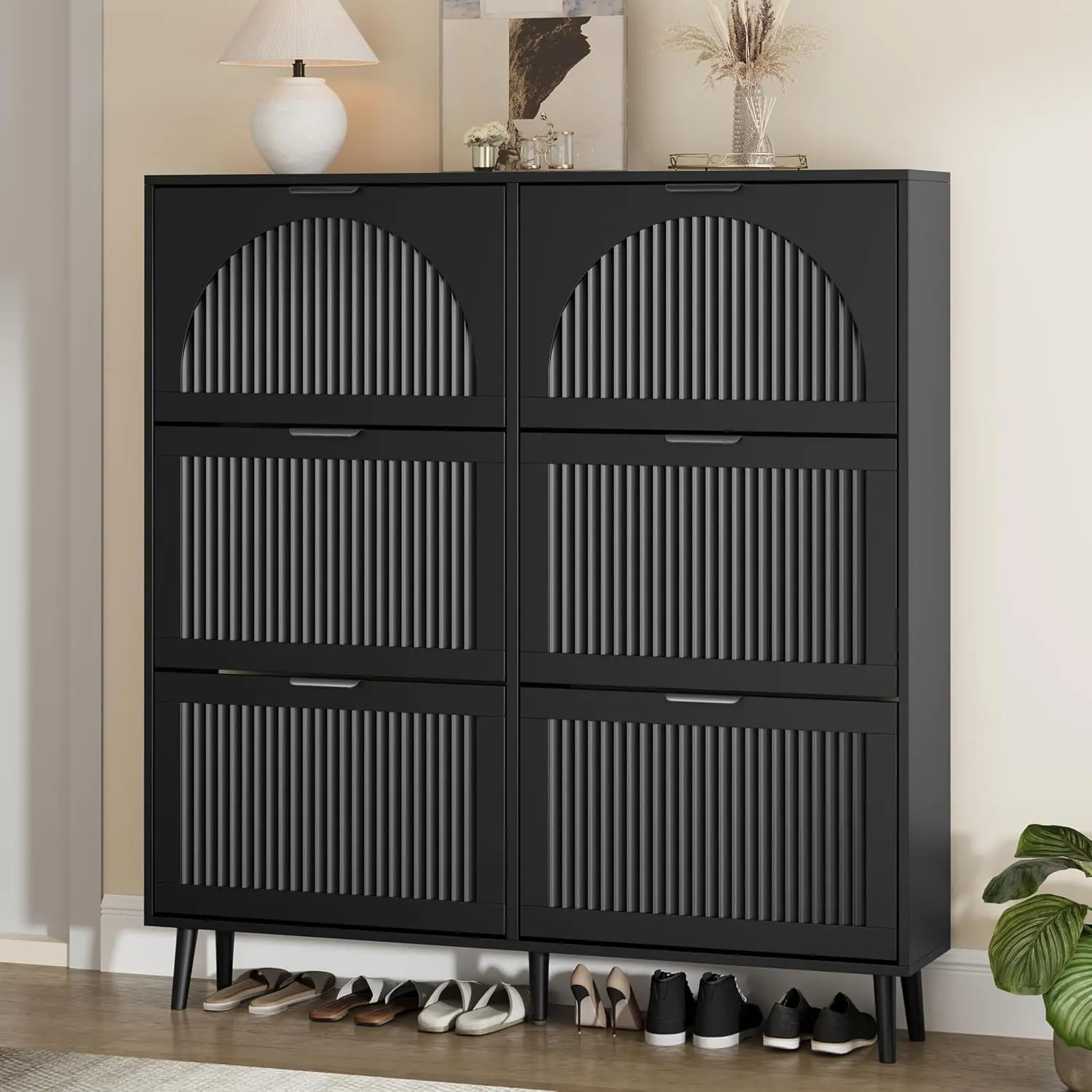 Shoe Storage Cabinet with 6 Flip Drawers, Narrow Wood Shoe Organizer Cabinet with Fluted Panel, Slim Shoe Rack , Customized