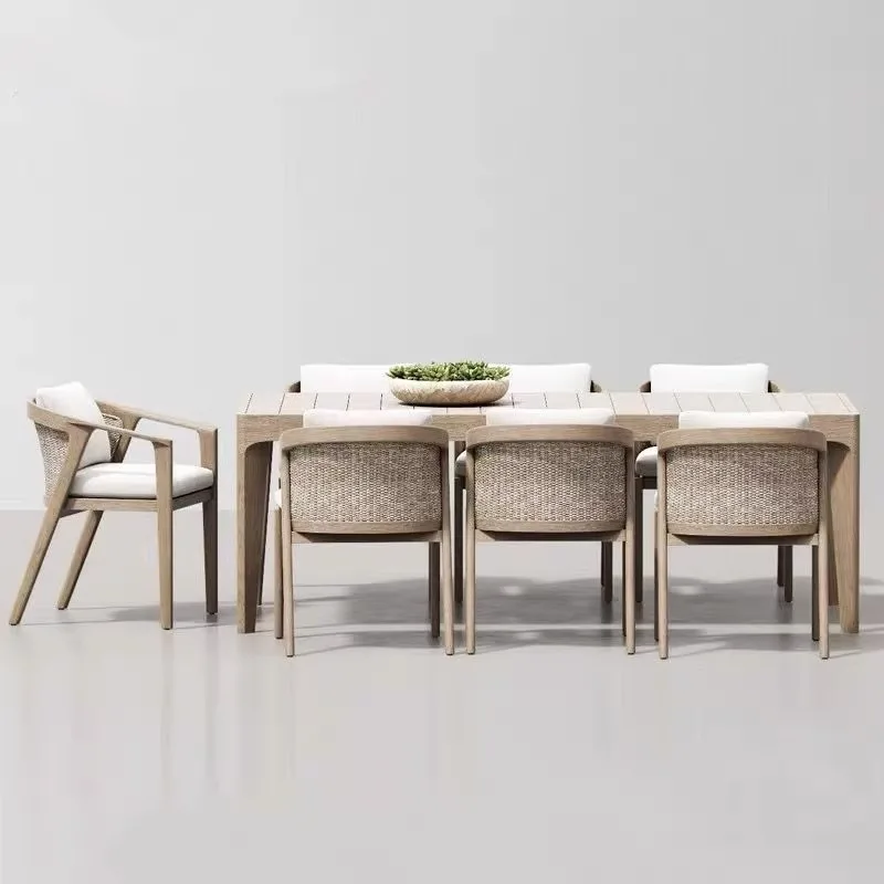 حبل خشب الساج الصلب الفاخر الحديث، وطاولة طعام وكراسي ملونة خارجية