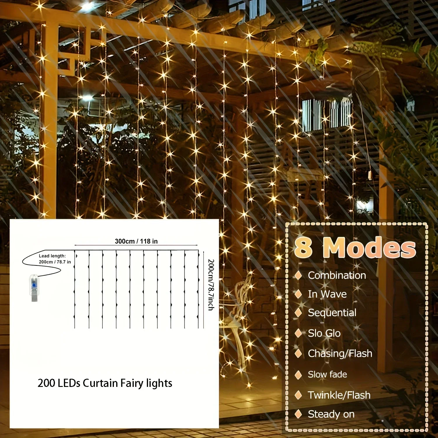 300 LED Christmas Curtain Lights Remote Timer Fairy Lights USB String Lights 8 Modes for Xmas Tree Home Party Window Decorations