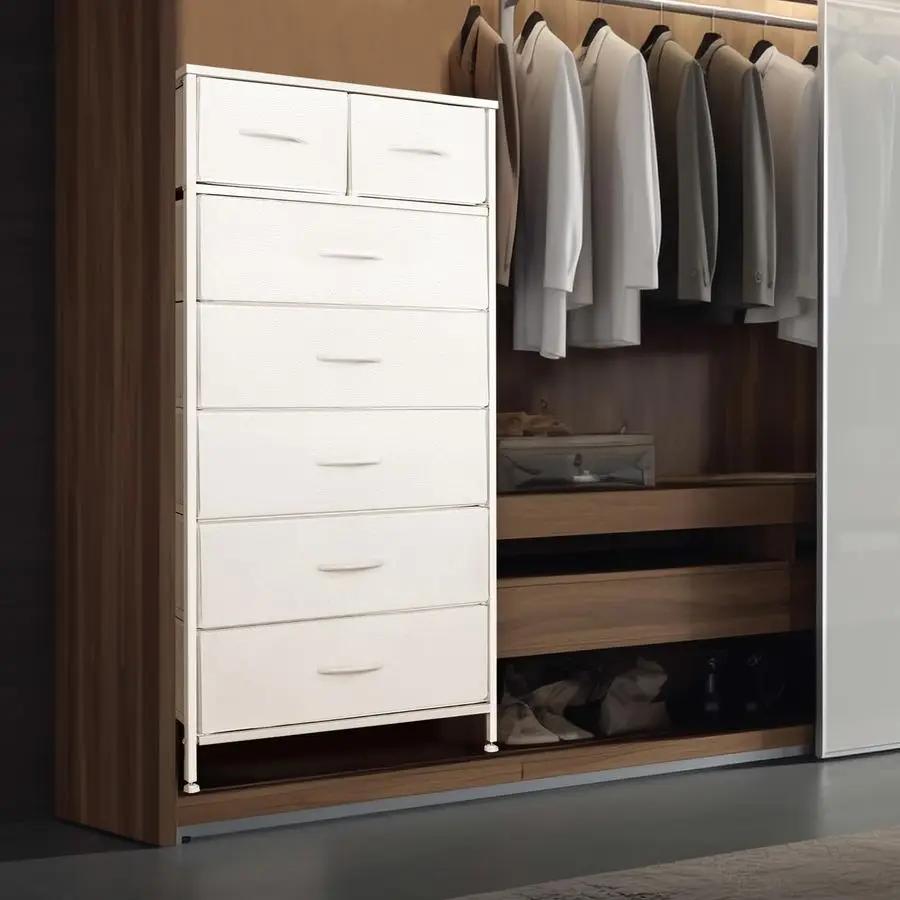 خزانة طويلة لغرفة النوم، برج منظم تخزين عمودي مع 7 أدراج، خزانة ذات أدراج مع صناديق قماش، إطار فولاذي، خشب