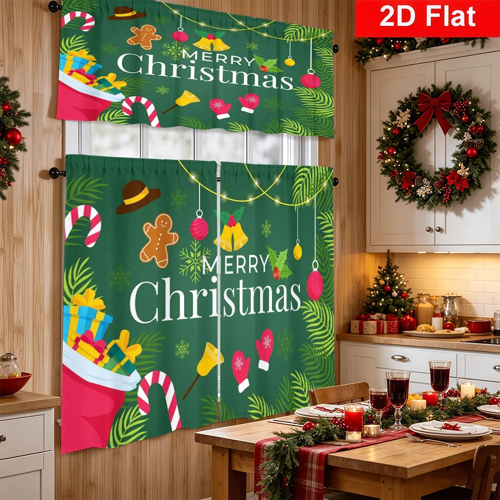 Christmas Kitchen Curtains, Merry Christmas Santa Sack, Digital Print, Kitchen Dining Room, Rod Pocket Polyester, Home Decor
