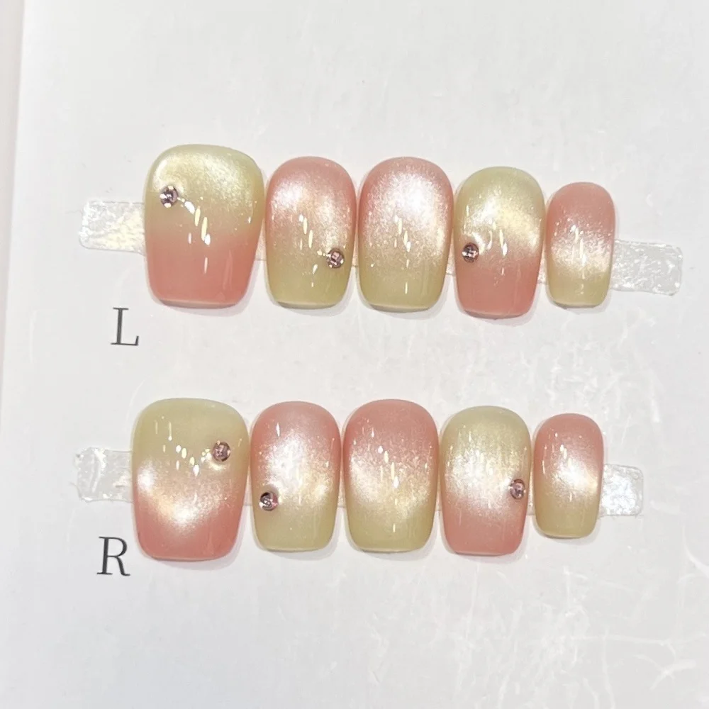 10 قطعة يمكن ارتداؤها اليدوية الصحافة على الأظافر عين القط قصيرة الباليه الأظافر وهمية نصائح مع النقاط الفرنسية القوس تصميم أظافر صناعية مجموعات