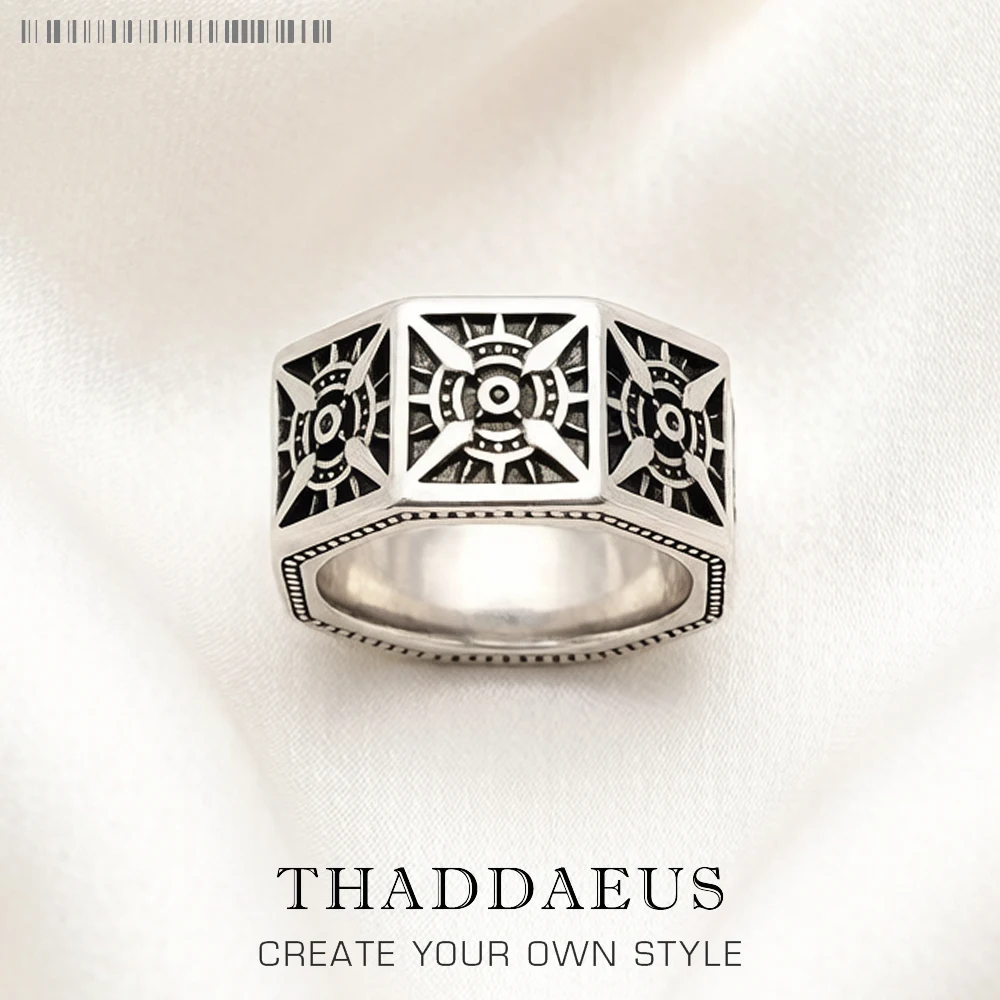 Eckiger schwarzer Kompass-Ring aus 925er Sterlingsilber, Vintage-Geschenk für Damen und Herren, Europa-Schild der Stärke, edler Winterschmuck
