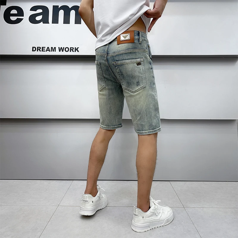 2024 Summer thin section retro light blue denim shorts high-end trend fashion leisure loose straight MEN'S pants 7 pants