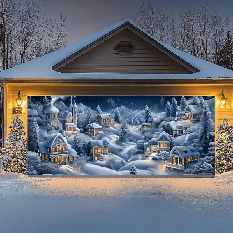 1pc2D flat, snow scene Christmas village garage door banner, durable holiday decoration, no power required wsj