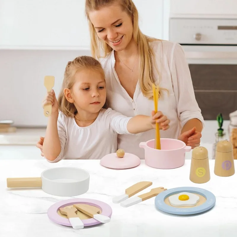 30 PCS Wooden Toy Plates and Dishes for Kids Play Kitchen Accessories Set Pretend Play Food Sets for Children Doll Kitchen