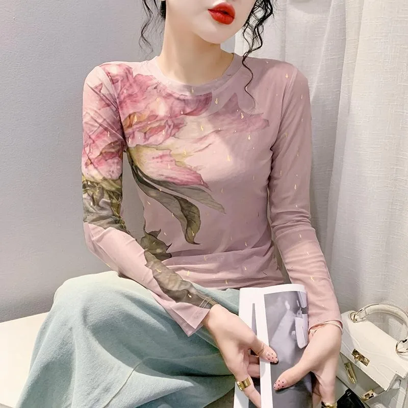 Light Luxury Round-neck Base Layer Shirtnew Fashion Slimming Printed Long-sleeved Top Autumn Winter Versatile Mini Shirt Women