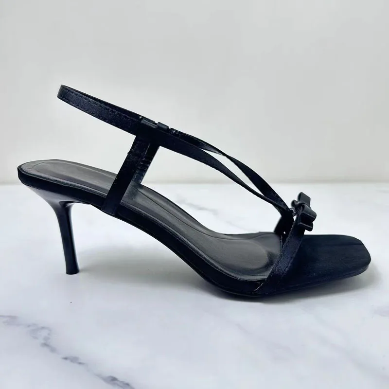 PSEEWE 2024 Black Women Sandals Summer Fashion Bow Heed Shoes Woman Sexy Clip Feet heeled Sandals Chic Square Head Open Toe Shoe