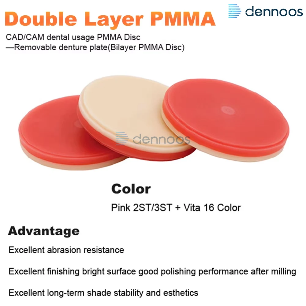 Dental Double Layer PMMA Disc 98*25/30/40mm PINK 2S 3S+VITA 16 Colors Dental Bilayer PMMA Blocks Full Crown Removable Denture