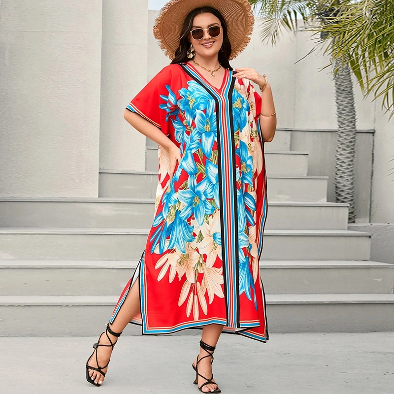 Smooth Comfortable Silk-Like Maxi Dress Floral Colorful Print Kaftan Rococo Artsy Exquisite Caftan Pullover Long Robe Cover Ups