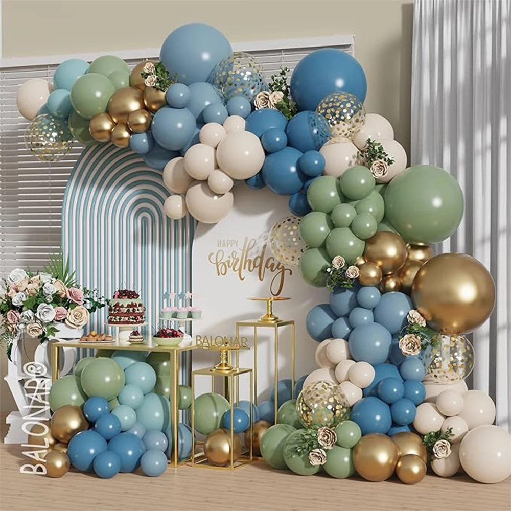 132pcs Balloon Garland Arch Kit Blue Green White Metallic Gold Latex Balloons Birthday Party Decoration Kids Baby Shower Balloon