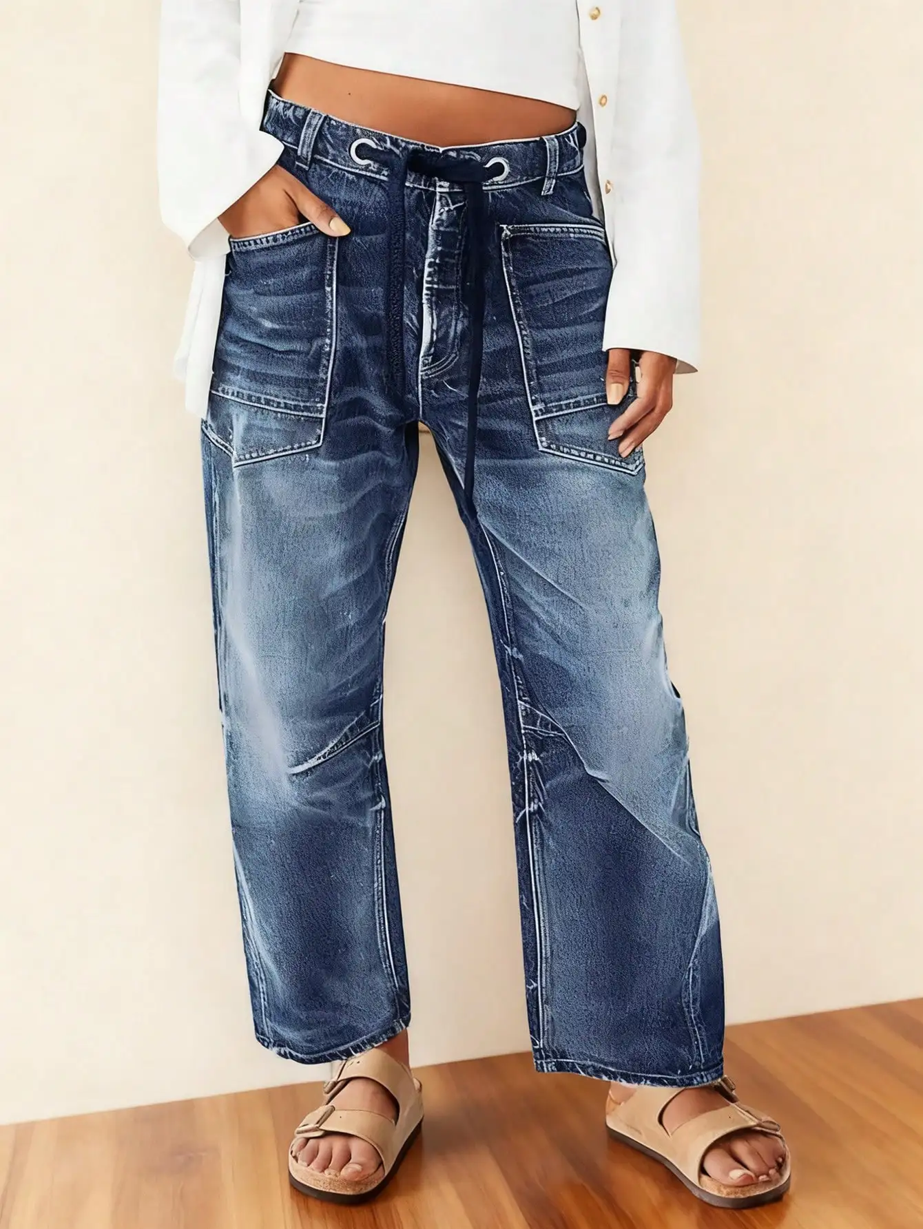 

Женские джинсы с высокой талией, широкими штанинами, на шнурке, с карманами, повседневные, из выстиранного денима, на все сезоны