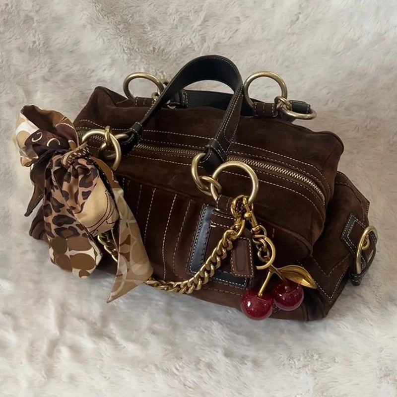 

Suede Crossbody Shoulder Bag Women Vintage Boston Bowling Tote Bag Retro Pleated Versatile Commuter Zipper Square Handbag