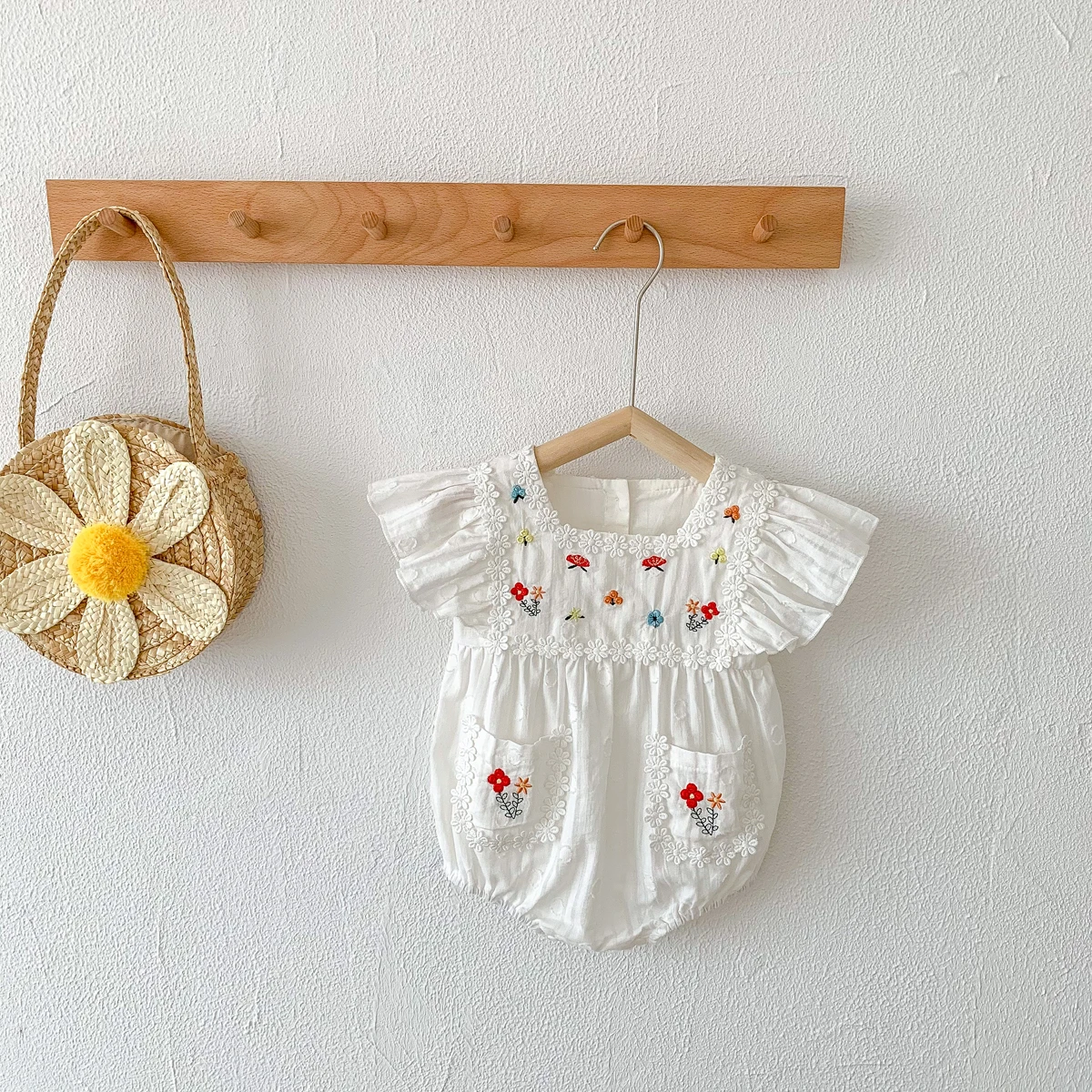 0-2 Years Old Summer Baby Romper for Girls Embroidery Flowers Short Sleeve Newborn Jumpsuit Infant Bodysuit