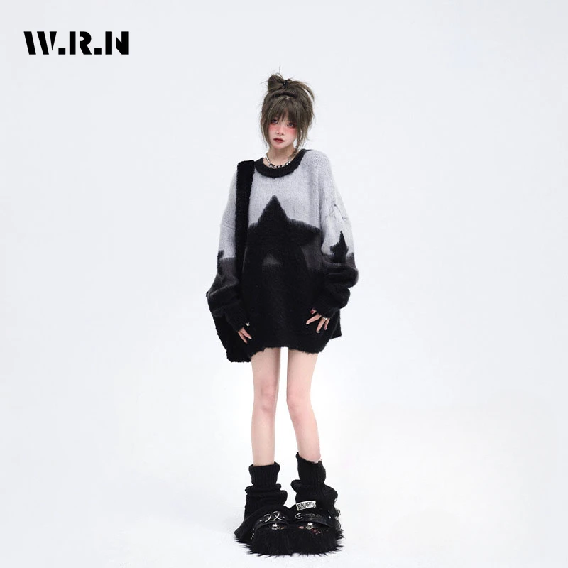

2023 Autumn Winter Casual Y2K Knitting Long Sleeve Baggy Pullovers Korean Fashion Women Contrast Color Ladies Sweater Top