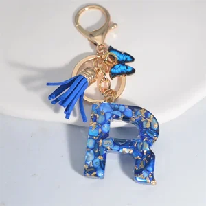 Chaveiro de pedra vitrificada azul para mulheres, letra de A a Z, 26 iniciais, alfabeto, borboleta, pingente borla, chaveiro do carro, presentes de joalheria, moda 8 principais vendas chaveiro de franja - №4