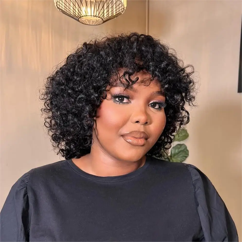 

Пикси Стрижка Боб С Челкой Человеческие Волосы Вьющиеся Парики Для Чернокожих Женщин Полный Джерри Вьющийся Парик Натуральный Черный Цветной Парик С Челкой 180%