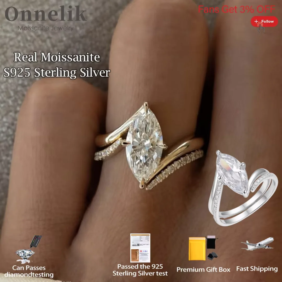 

Onnelik 100% 925 Sterling Silver 3CT D Color Marquise D VVS1 Moissanite Diamond Ring for Woman Wedding Engagement Fine Jewelry