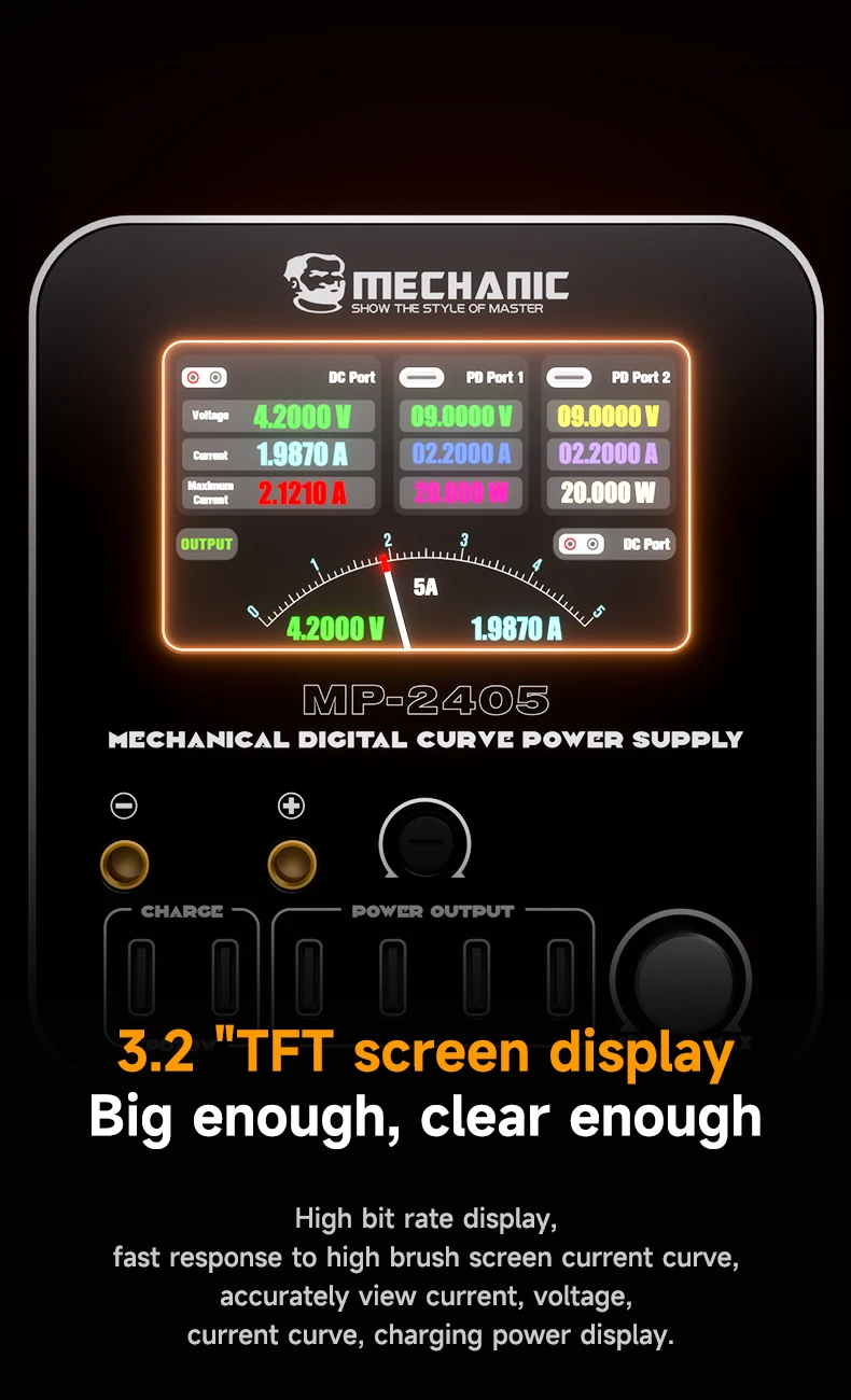 【MECHANIC】 Digitales Netzteil, 24 V, 5 A, Spannungs-/Stromdetektor mit mehreren Anschlüssen, 3,2-Zoll-Display, 3 Mech-Modi, Überlastschutz