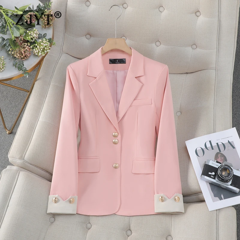 ZJYT Elegant Chic Blazer Mujer Pink Women Coat Jacket Single Breasted Outerwears Veste Femme Autumn 2024 Korean Fashion Casaco