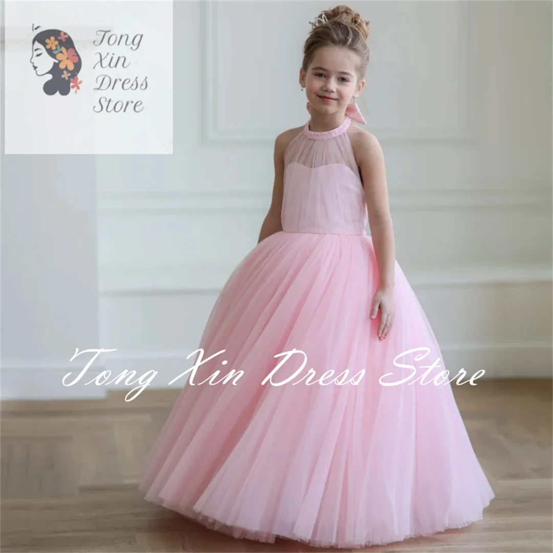 

Flower Girl Dresses Light Champagne Tulle Sequin With Bow Sleeveless For Wedding Birthday Party Banquet Princess Gowns