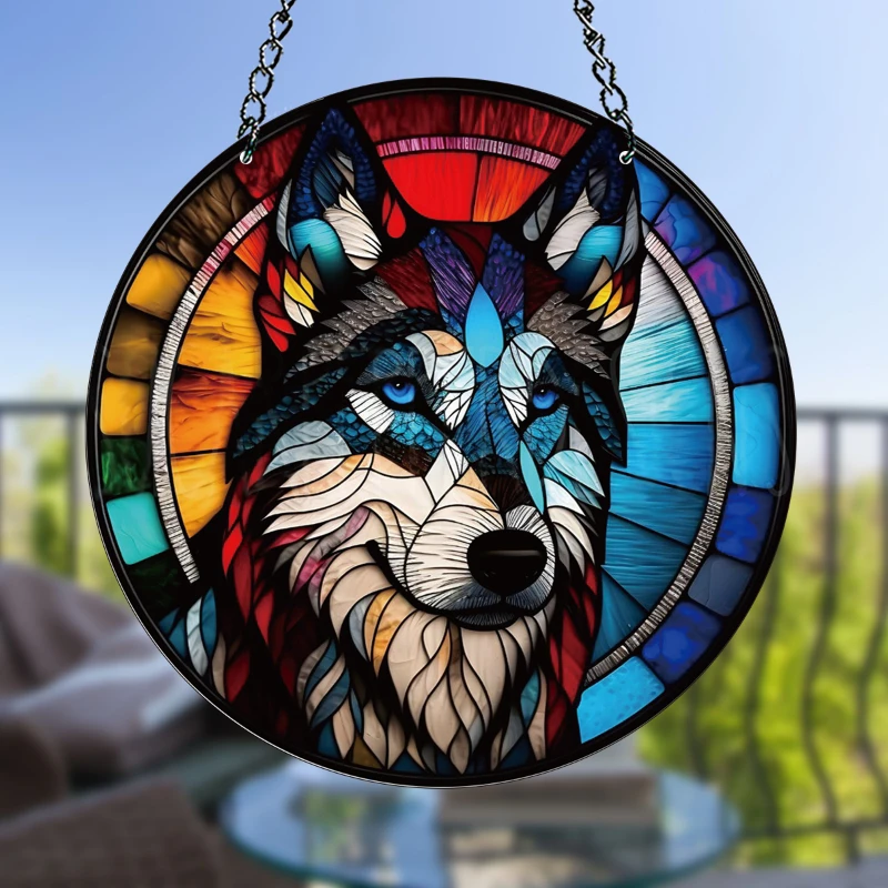 Dog Printed Stained Suncatcher Window Hanging Pendant Animals Pattern Acrylic Round Ornament for Garden Home Room Wall Decor