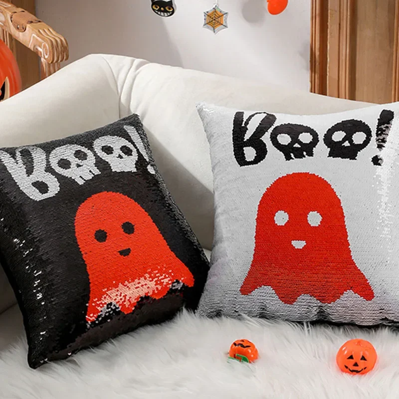 Halloween Glitter Ghost Body Pillow A-Side Glitter B-Side Fine Velvet Sofa Cushion for Office Cartoon Pattern Headboard Pillow