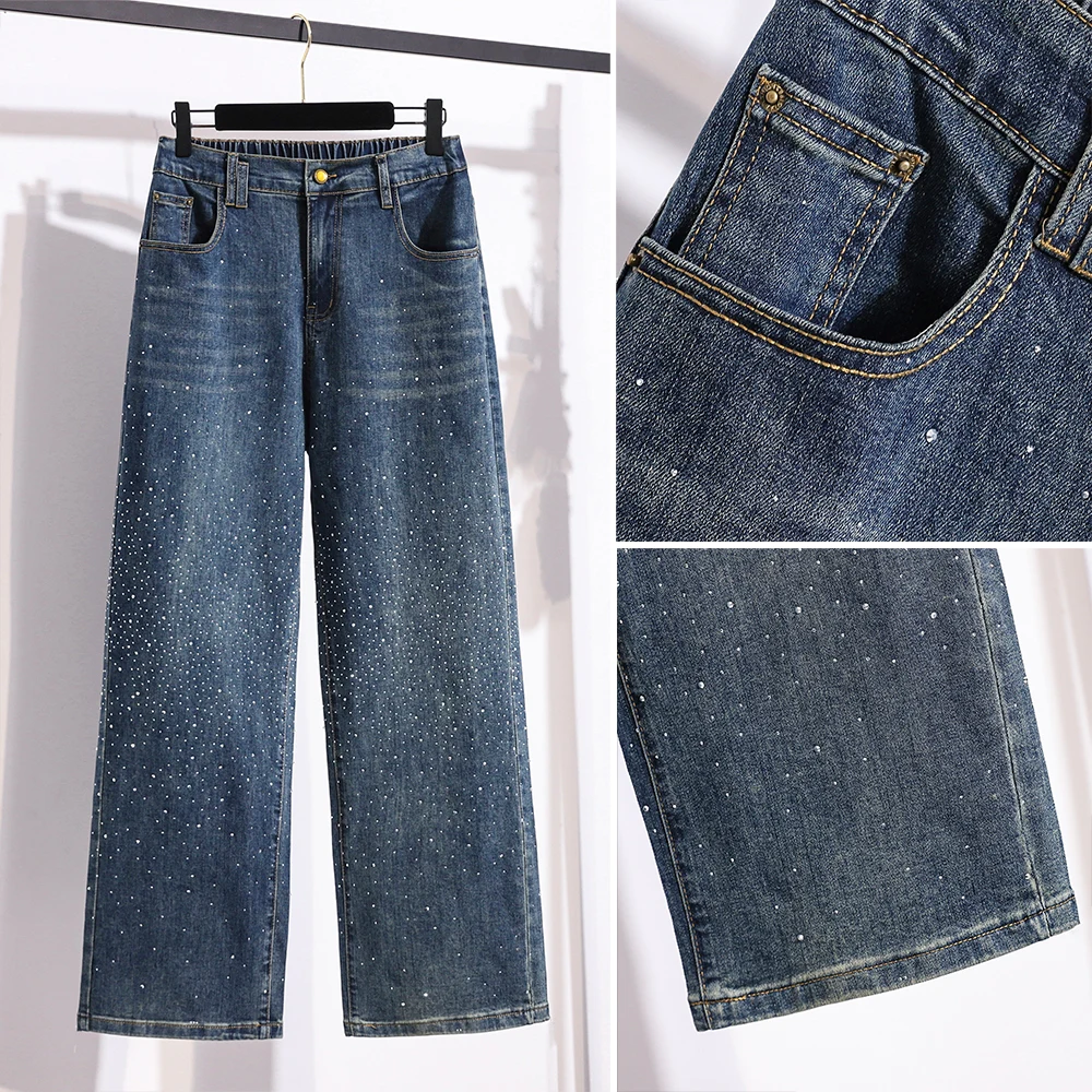 High Waist Straight Leg Denim Jeans Women plus Size Sparkling Rhinestones Slimming Loose Wide Leg Pants Casual Cotton Polyest... view 4