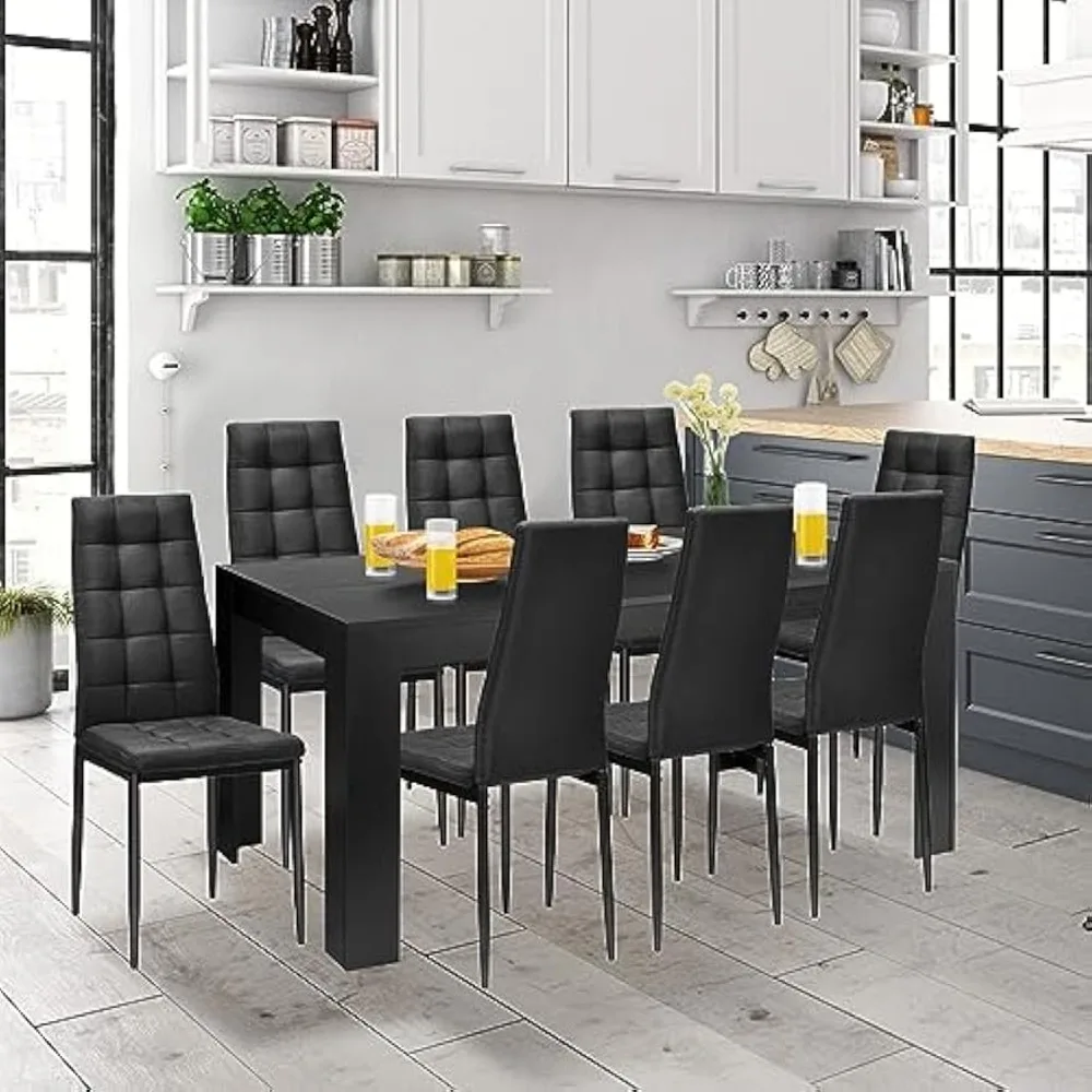 9-piece Restaurant Set, Wooden Rectangular Dining Table with 8 Cushioned Chairs Set, Modern Kitchen Dining Table Set