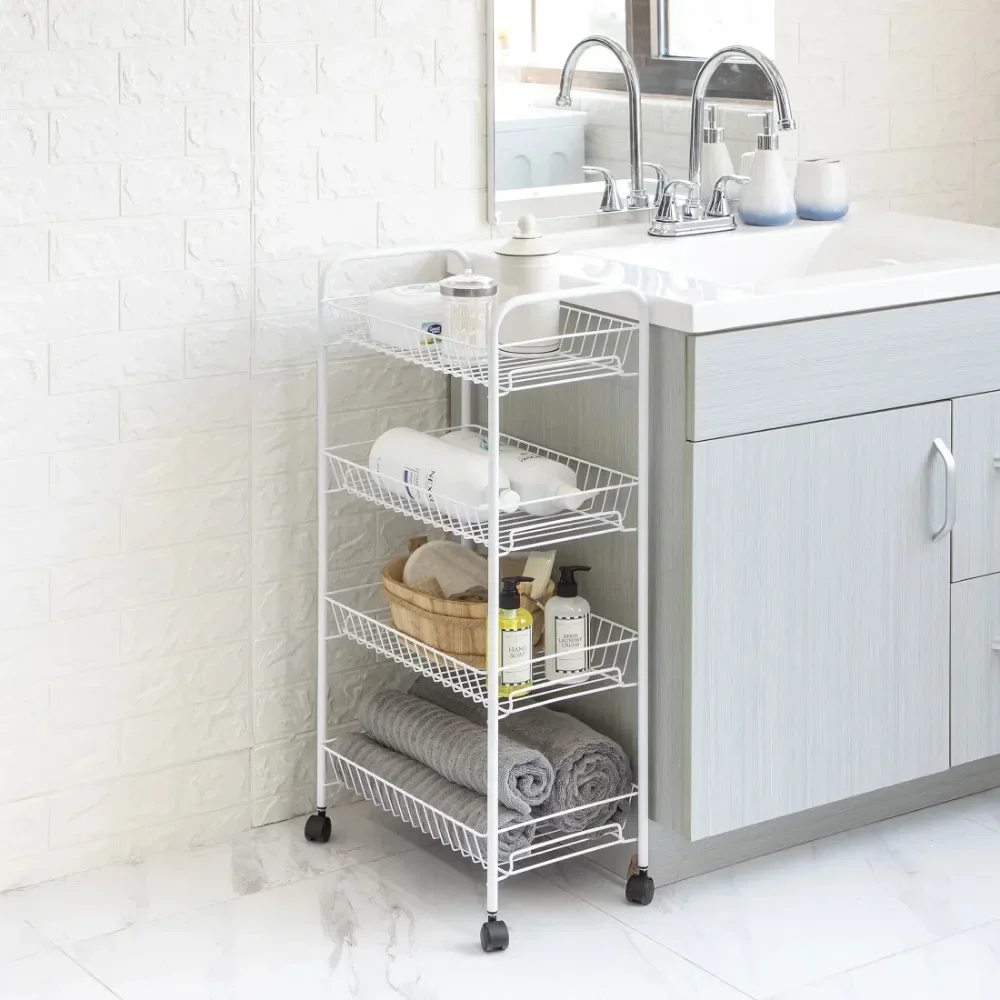 รถเข็นซักผ้าเหล็ก 4 ชั้นพร้อมล้อเลื่อน สีขาว กลุ่มผู้ใหญ่วัยรุ่น และวัยรุ่น