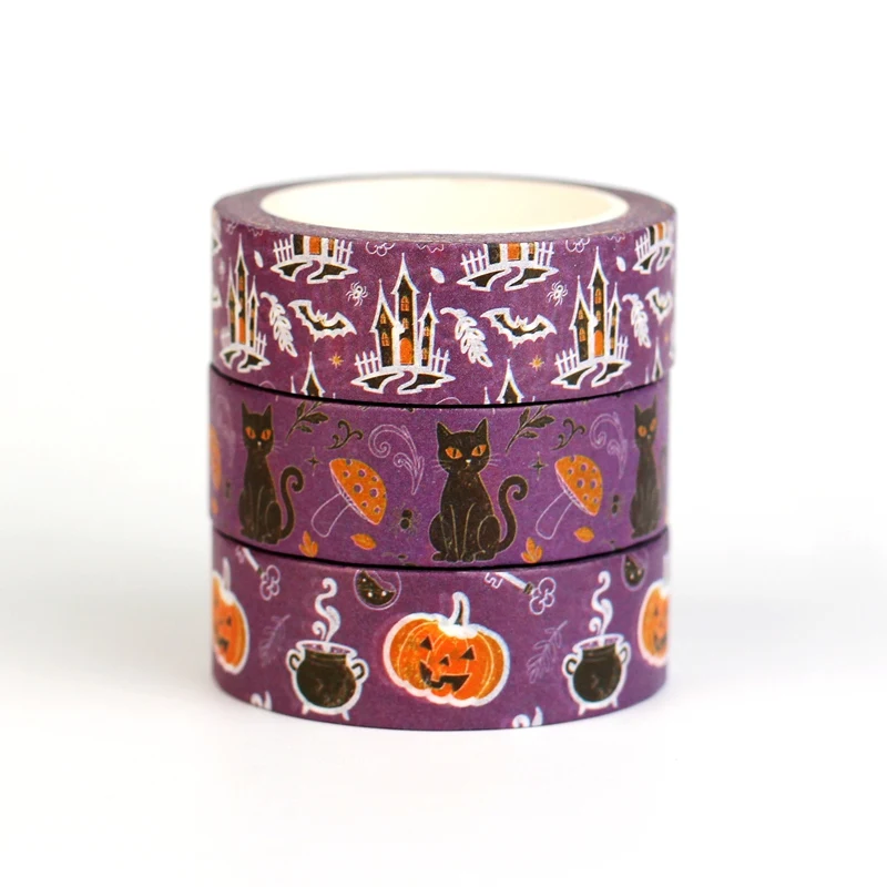 1X 10M Decor Pumpkin Black Cat Mushroom Haunted House Bat Halloween Masking Washi Tape Set for Scrapbooking Journal Stationery