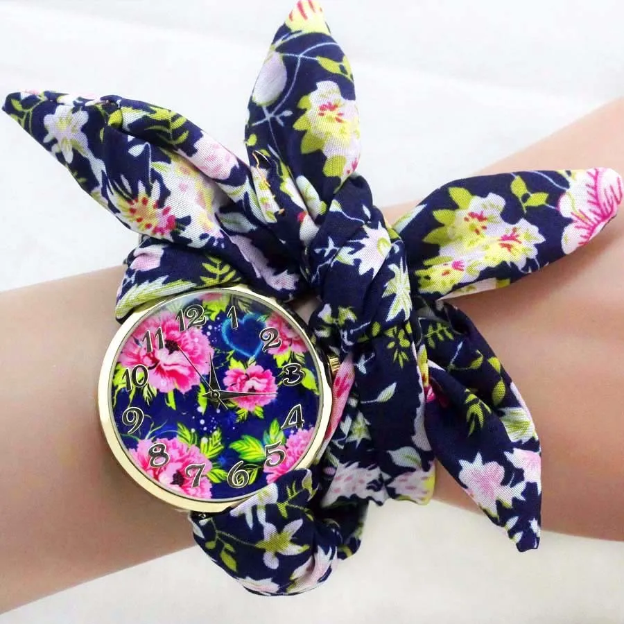 Shsby Ladies Butterfly Orchid Flower Cloth Wristwatch Fashion Women Dress Watch Silky Chiffon Fabric Watch Bracelet Watch