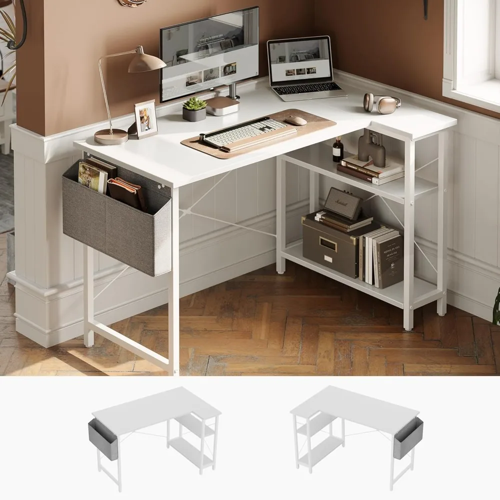 40" L-Shaped Computer Desk with Reversible Storage Shelves, Home Office Corner Desk for Study and Gaming in Pure White