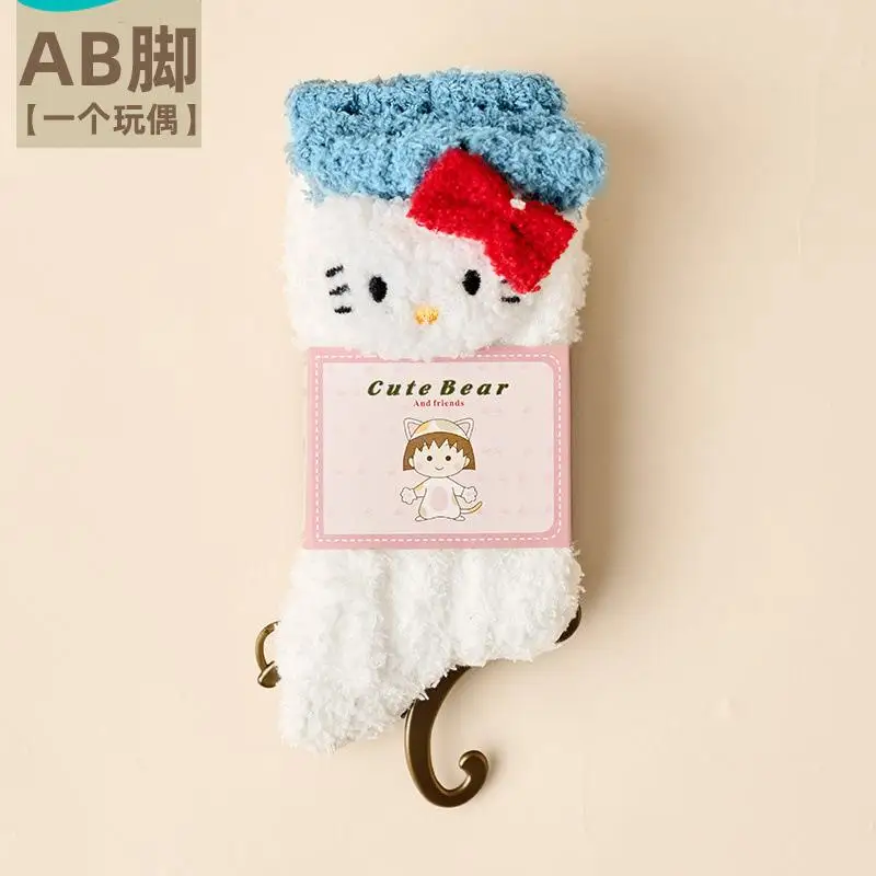 Kawaii Cute Hello Kitty Linabell Stellalou Duffy Bear Coral Fleece Socks Floor Socks Sleep Stockings Thickened Gift for Girls