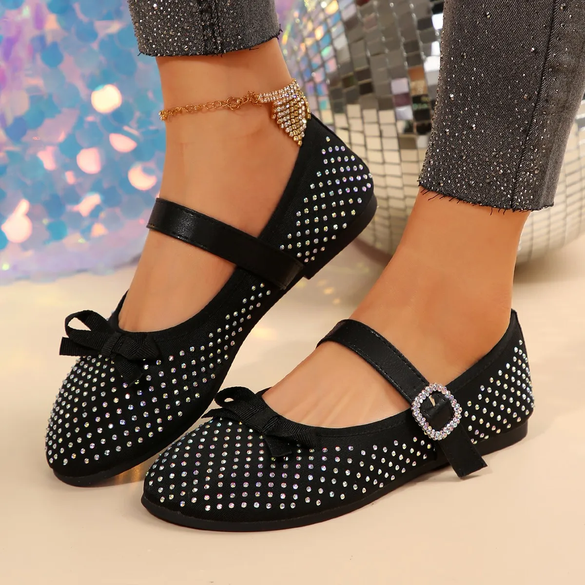 Luxury Rhinestone Stud Ballet Flat Shoe Woman Butterfly Knot Soft Sole Design Mary Jane Shoe Ladies Crystal Buckle Strap Loafers