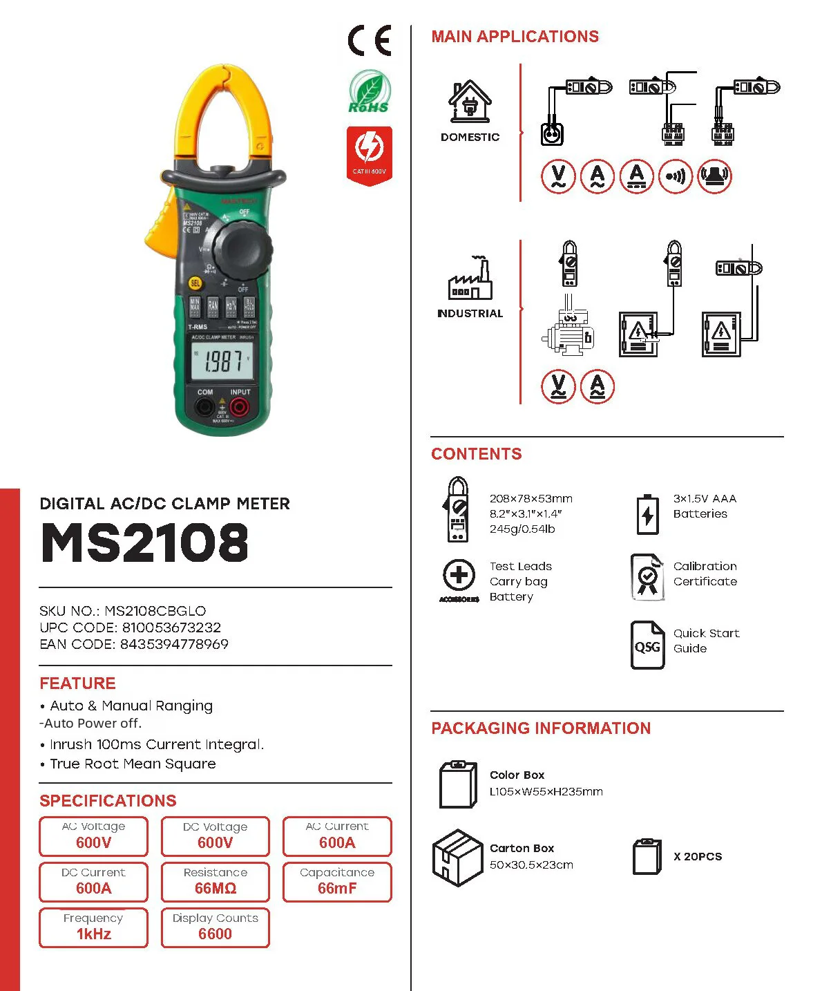 MASTECH MS2108 MS2108A Szczypce prądowe AC/DC Tester obwodów napięcia Szczypce Multimetr AutoRange Cyfrowy miernik prądu