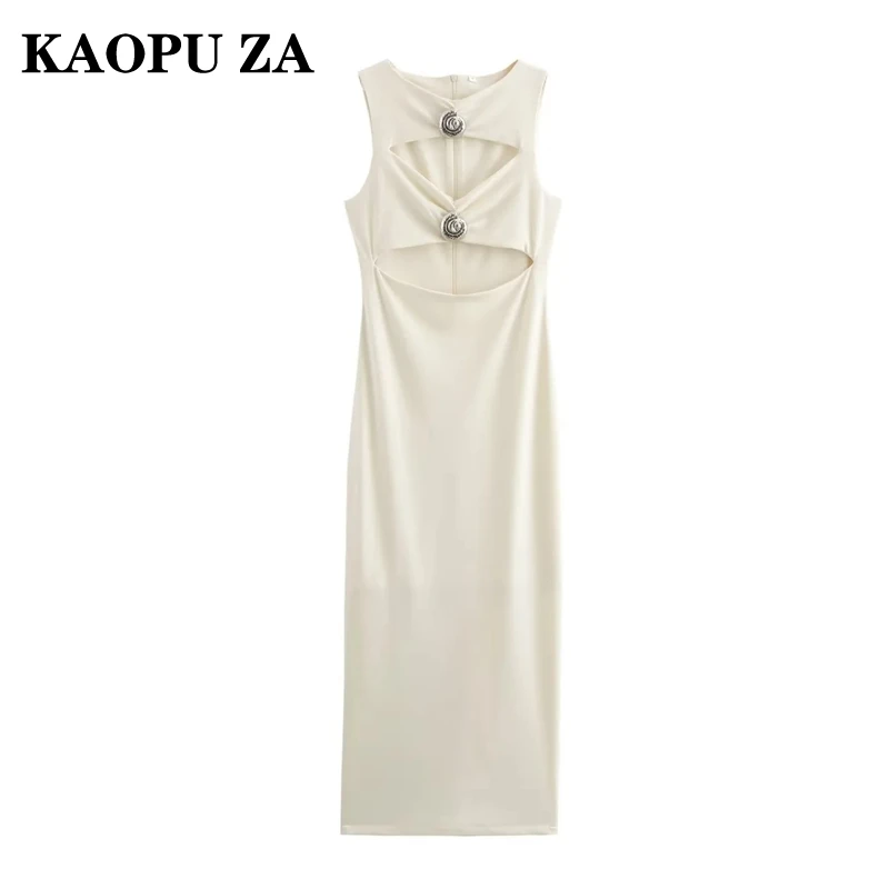 KAOPU ZA 2024 New Summer Women's Chic Hollow Round Neck Sleeveless Long Dress Back Zip Split Midi Party Dress Metal Decoration