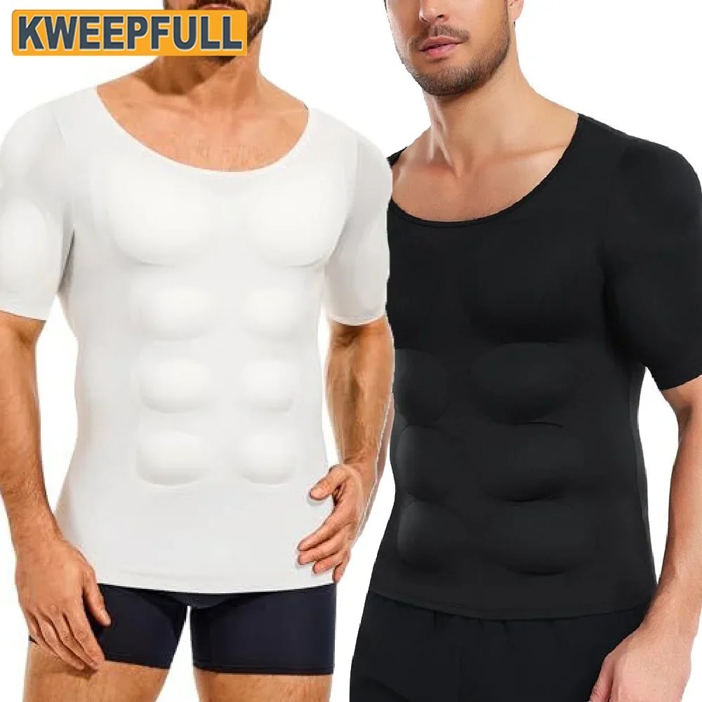 Men Padded Fake Muscle Compression T-Shirt, Elastic False Chest Shoulder Bodysuit Shaper for Cosplay
