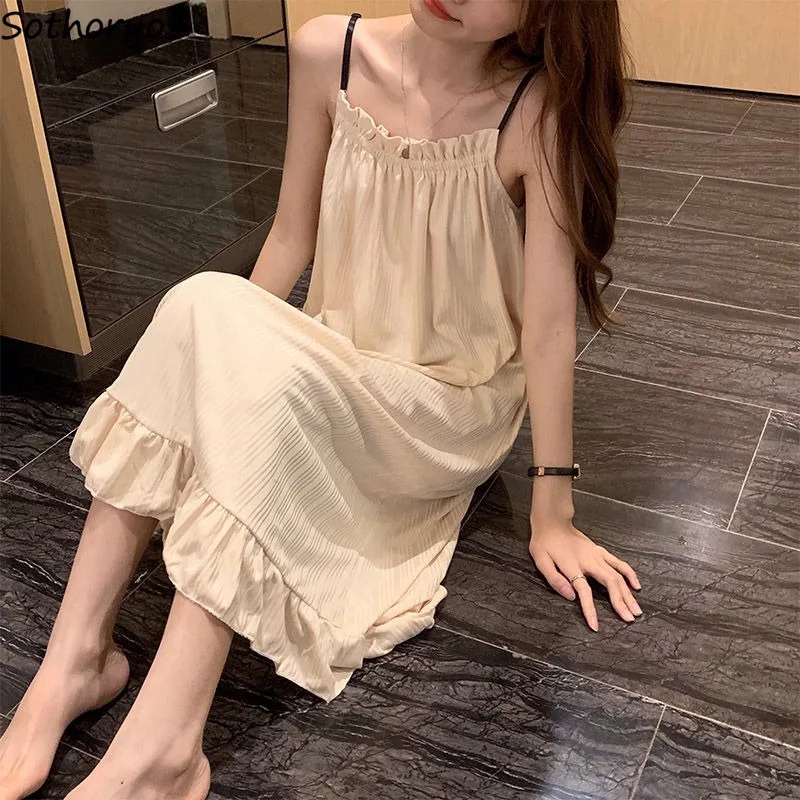 

Sexy Sleeveless Nightgowns Women Thin Elegant Summer Ruffles Midi Mujer Solid Square Collar Korean Home Soft Sleepwear Female