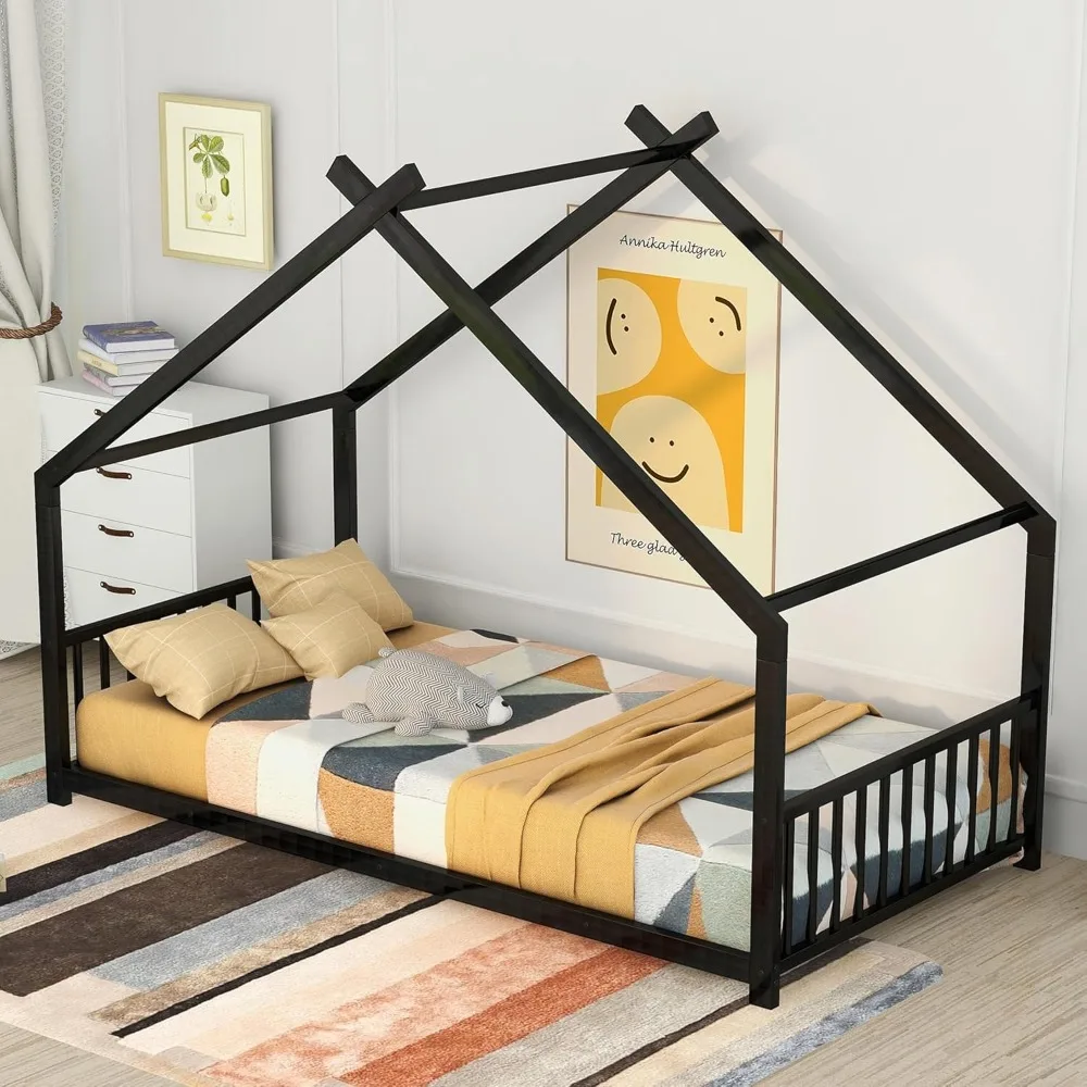 

House Beds for Kids, Twin Size Floor Bed Frame Metal Montessori Beds with Headboard & Footboard for Children Boys Girls Teens, B