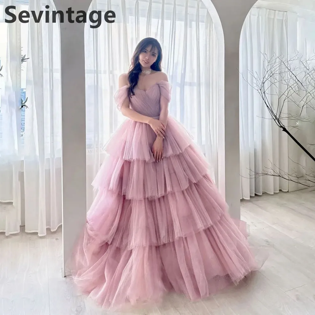 Sevintage 2025 Blush rose Tulle longueur de plancher Maxi robe de soirée épaules nues a-ligne robe Vintage Maxi à plusieurs niveaux robes de bal