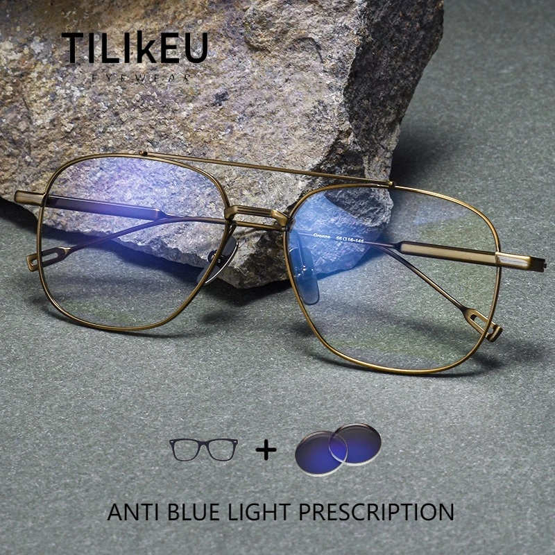 

Vintage Double Beam Eyeglasses Frame Men and Women Ultra-light Pure Titanium Large Face Anti-Blue Ray Photochromic Glasses Frame