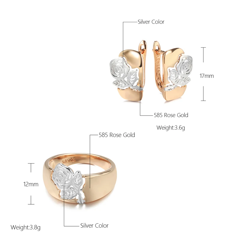 Kinel New Trend Glossy Rose Flower Earrings Ring Sets for Women 585 Gold With Silver Color Ethnic Vintage Wedding Jewelry Sets